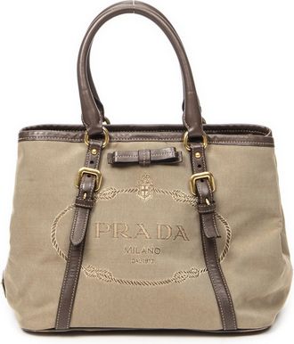 Prada Pre-owned Womens Jacquard Bow Tote Shoulder Bag - Tan - One Size