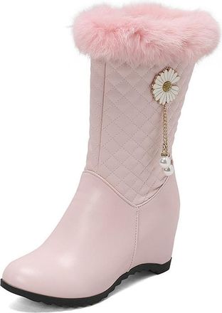 Generic Womens Round Toe Hidden Wedge Heel Winter Snow Boots with Side Zipper Warm Short Booties (Pink,7.5)