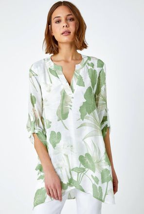 Roman Palm Print Wrap Hem Tunic Top