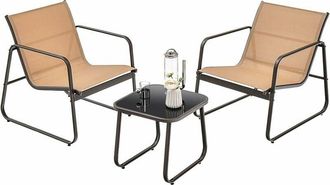 Costway Set da Conversazione per Patio 3 Pezzi, Set di Sedie e Tavolo in Metallo e Textilene per Esterni, Piano Tavolo in Vetro Temperato, Set di