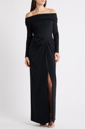 Lauren Ralph Lauren Off the Shoulder Long Sleeve Rib & Crepe Gown in Black at Nordstrom, Size 16