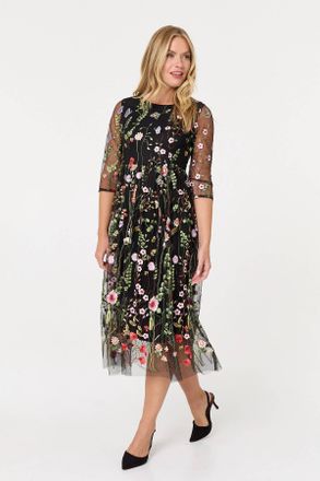 Izabel London Womens Black Floral Embroidered Mesh Midi Dress - Size 8 UK