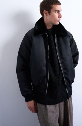 Topman Faux Fur Collar Bomber Jacket in Black at Nordstrom, Size Xx-Large