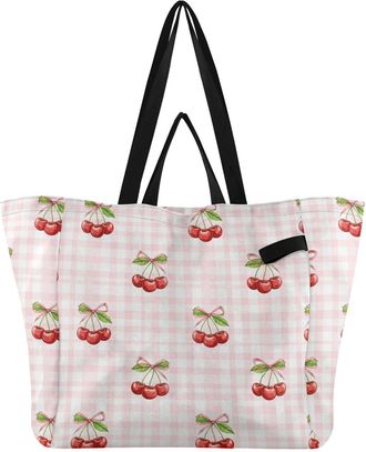 Generic Cute Cherries Bows Pink print Reusable Canvas Tote Bag, Heavy Duty Grocery Shopping Bag with Double Handles Large Capacity Hard Bottom Work Groceries 