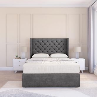 Sloomy Dior Plush Wingback Bed Set, No Drawers & 54 Floor Standing Headboard in Dark Grey | Size: Small Single