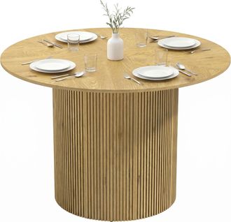 HOMCOM Homcom Mesa De Comedor Redonda, Mesa De Cocina Para 4-6 Personas Con Base Cil&iacute;ndrica Acanalada, Marco Met&aacute;lico, Carga 100 Kg, &Oslash;110x75 Cm, Roble