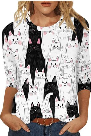 Generic Mis Pedidos Blouse for Women UK Cute Cats Print Tunic Tops 2025 Summer Fashion Round Neck Shirts Dressy Casual 3/4 Sleeve Tops Comfy Lightweight Loose