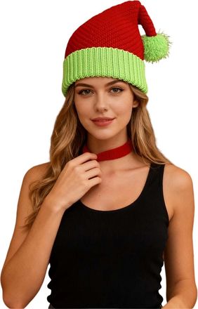 Generic Christmas Wooly Hat Beanie Winter Warm Knitted Cap Pom Headwear for Santa Costume Watermelon Red