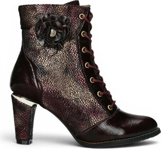 Laura Vita Womens Wine Leather Floral Heeled Lace-Up Boots - Alcbaneo 173