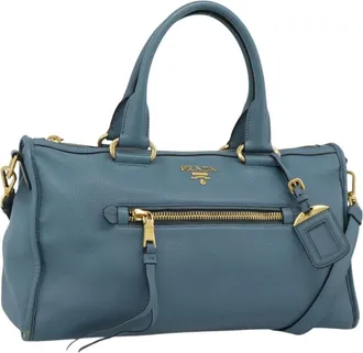 Prada Front Zip Convertible Satchel Vitello Phenix Blue Leather Handbag (Pre-Owned)