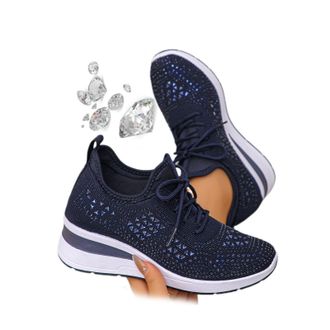 Generic Womens Glittery Rhinestone Fashion Breathable Wedge Sneakers, Sparkly Bling Wedding Dressy Tennis Shoes for Bride, Orthopedic Wedge Sneakers (Dark Blu