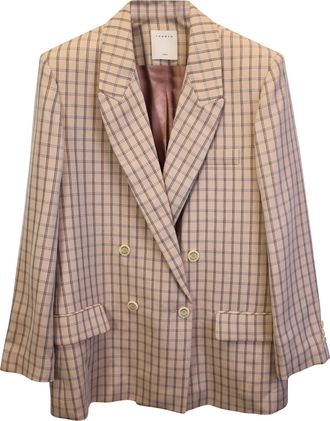 Sandro Danube Double-Breasted Checked Blazer in Beige Wool