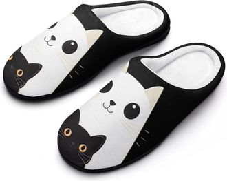 Generic White And Black Cats Mens Slippers Slip On Comfortable Fleece Cotton House Shoes Winter
