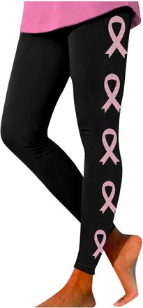 Generic Womens High Waist Everyday Leggings Comfortable Stretchy Yoga Pants Breast Cancer Awareness Pink ribbon Print Pants Satin Black