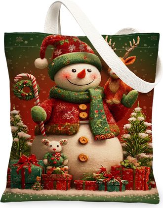 Generic Christmas Snow Man Canvas Tote Bags, Holiday Pattern Reusable Grocery Bags, Winter Vintage Lightweight Washable Canvas for Travel Shopping 13x15 Inch