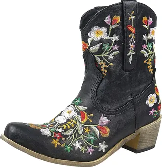 Generic Wide Fit Cowboy Ankle Boots for Women Classic Embroidery Pointed Toe Western Cowboy Boots Western Style Low Heeled Cowboy Ankle Boots with Zipper Warm