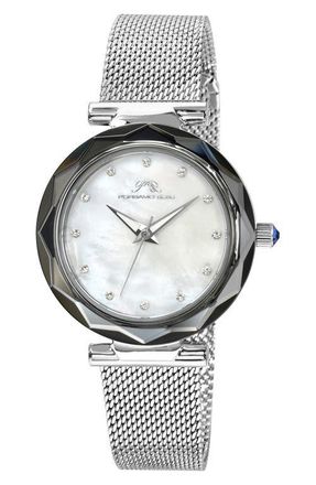 Porsamo Bleu Hazel White Topaz Mother of Pearl Dial 3-Hand Quartz Mesh Strap Watch, 33mm in Silver at Nordstrom