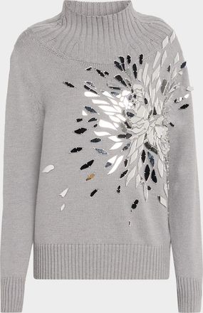 Oscar De La Renta Shattered Glass Embroidered Mockneck Sweater