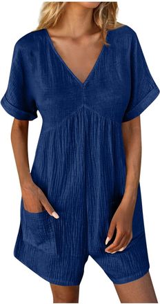 Generic Jumpsuits for Women Boho Lounge Dungarees Plus Size Overalls One Piece Casual Rompers Summer Short Sleeve Beach Vacation Short Playsuits with Pockets