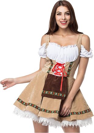 Generic German Munich Oktoberfest Dirndl Dress with Ribbon Body Sculpting Stage Maid Costume Traditional Bavarian Beer Festival Halloween Cosplay Outfit Puff 