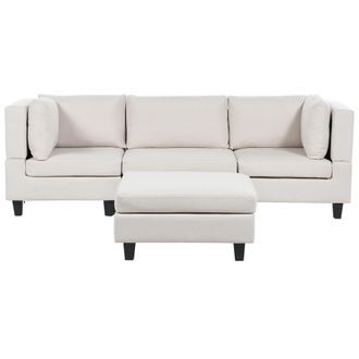Beliani Sof&aacute; Modular Moderno 3 Plazas Tapizado Tela Poli&eacute;ster Respaldo Acolchado Con Otomana Beige Claro Unstad