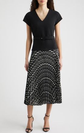 Elie Tahari The Nina Belted Pleated Dress in Noir/Noir And White Polka Dot at Nordstrom, Size 16