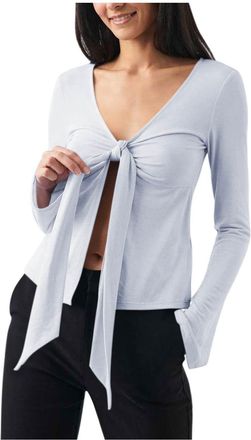 Generic Long Sleeve Tops for Women Sexy Deep V-Neck Slit T-Shirts Trendy Fall Casual Slim-Fit Pullover Top Y2k Bow Tie Knot Front Ruched Blouse Party Going Ou