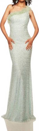 Alyce Paris Feathered Asymmetric Neck Prom Gown In Sea Foam