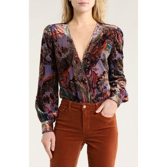 L'agence Burnout Velvet Long Sleeve Bodysuit in Periwinkle French Paisley at Nordstrom Rack, Size Large