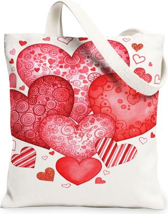 Generic Heart Pattern Canvas Tote Bags, Love Design Reusable Grocery Bags, ValentineS Day Vintage Lightweight Washable Shoulder St, Red, 13x15 Inch