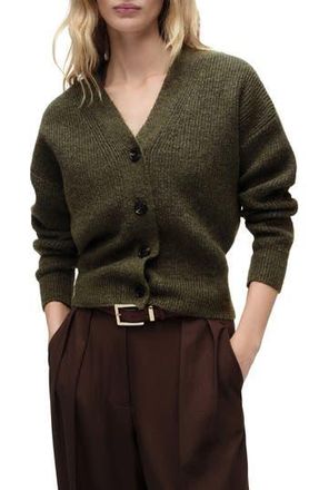 Mango V-Neck Rib Cardigan in Khaki Green at Nordstrom Rack, Size Medium