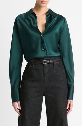 Vince Silk Button-Up Shirt in Juniper at Nordstrom Rack, Size Small