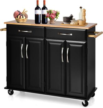 Costway Costway Carro Rodante Para Isla De Cocina Con Encimera De Madera, Carro Utilitario De Comedor De 4 Puertas Con Estantes Ajustables, 2 Cajones Grandes,