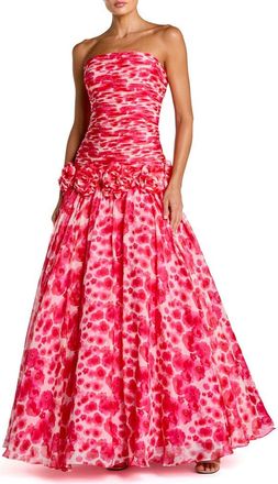 Mac Duggal Printed Chiffon Strapless Drop Waist Ballgown in Grapefruit Multi at Nordstrom, Size 10