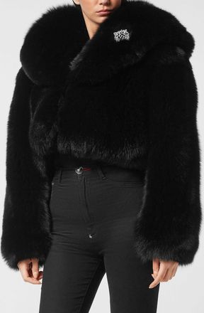 Philipp Plein Giacca cropped in pelliccia di volpe con cristalli