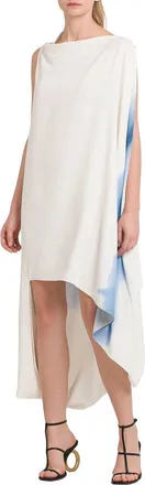 Ferragamo Degrade-Print Draped High-Low Dress In Sky Blue Indigo Off White