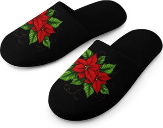 Generic Poinsettias Christmas Flowers Warm Mens Slippers Slip On Soft Fleece House Shoes Winter Indoor Outdoor