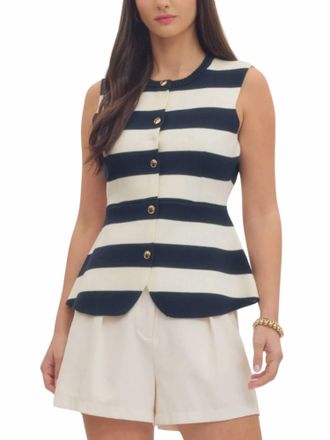 Entro Sleeveless Peplum Stripe Sweater Vest In Navy