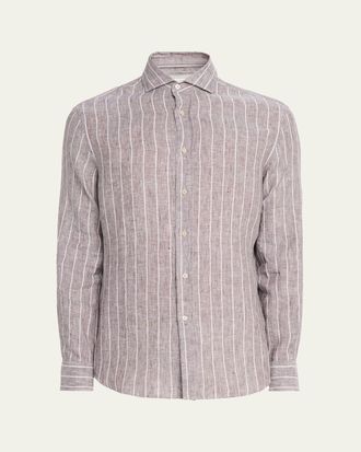 Brunello Cucinelli Mens Pinstripe Linen Button-Down Shirt