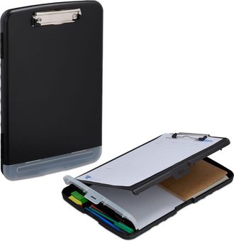 Relaxdays 10 X Portapapeles Con Compartimento, Clip, Hbt: 36,5 X 25 X 4 Cm, Carpeta A4, Pl&aacute;stico, Negro, En Set
