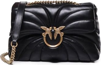 Pinko Quilted Black Calf Leather Foldover Bag With Love Birds Buckle