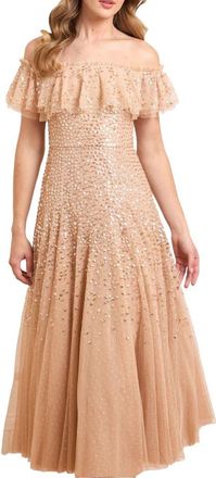 Needle & Thread Dappled Sequin Off-Shoulder Ankle Gown in Butterscotch at Nordstrom, Size 10