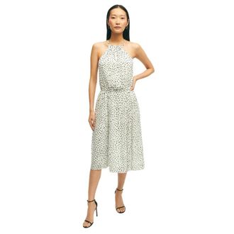 Brooks Brothers Chiffon Dot Print Geplooide Halterjurk - Dames - Casual kleedjes - Wit - XS - Chiffon - Kleedjes