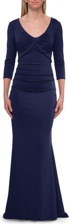 La Femme Three-Quarter Sleeve Jersey Gown with Ruched Bodice in Navy at Nordstrom, Size 20