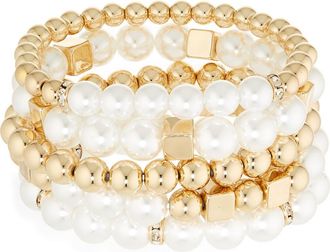 Tasha Set of 5 Faux Pearl & Crystal Assorted Beaded Stretch Bracelets in Gold/Pearl/Crystal at Nordstrom Rack