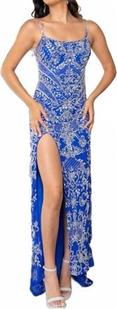 Rachel Allan Beaded Sleeveless Slit Gown In Royal Silver