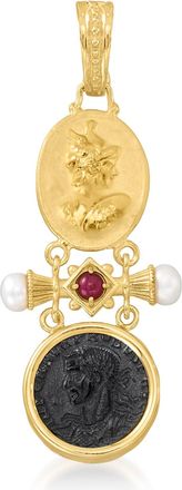 Ross-Simons Italian Tagliamonte Black Onyx and. Ruby Cameo Pendant With Cultured Pearls in 18kt Gold Over Sterling