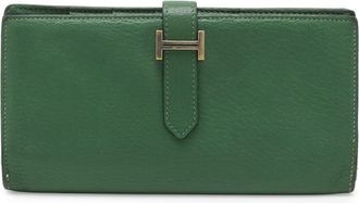 Herm&egrave;s Green Chevre Leather Long Wallet (Bi-Fold) (Pre-Owned)