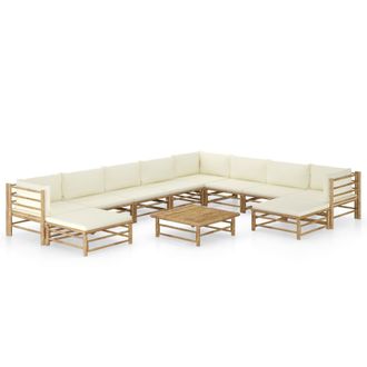 vidaXL Set De Muebles De Jard&iacute;n 11 Piezas Bamb&uacute; Y Cojines Blanco Crema Vidaxl