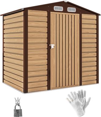 OUTSUNNY Caseta De Jard&iacute;n De 2,27 M&sup2;, Guantes Incluidos, Puerta Con Cerradura, Ventilaci&oacute;n, Acero Galvanizado, 190 X 131 X 188 Cm, Roble